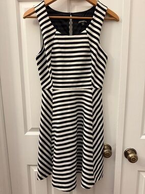 Express Black and White Striped Sleeveless Fit-and-Flare Dress
